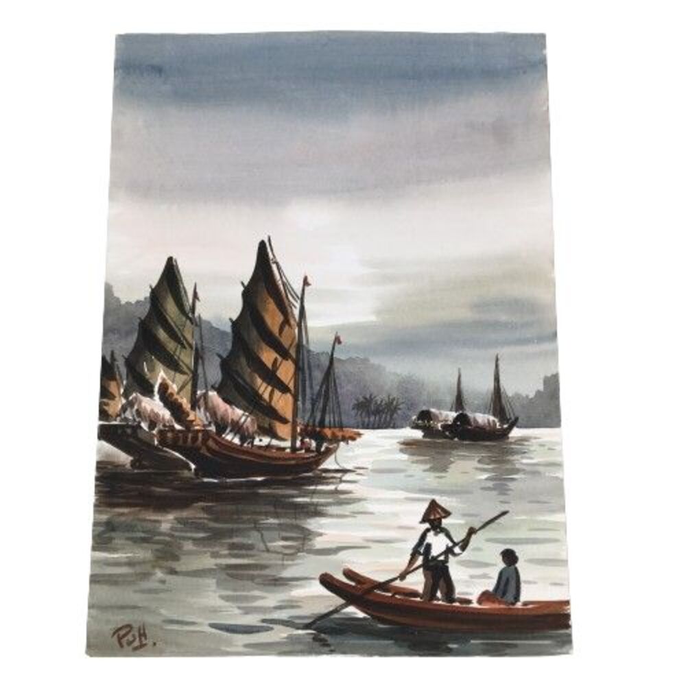 POH Signed Original Watercolor Painting Malaysian Ships Fishing Boats Under Sail